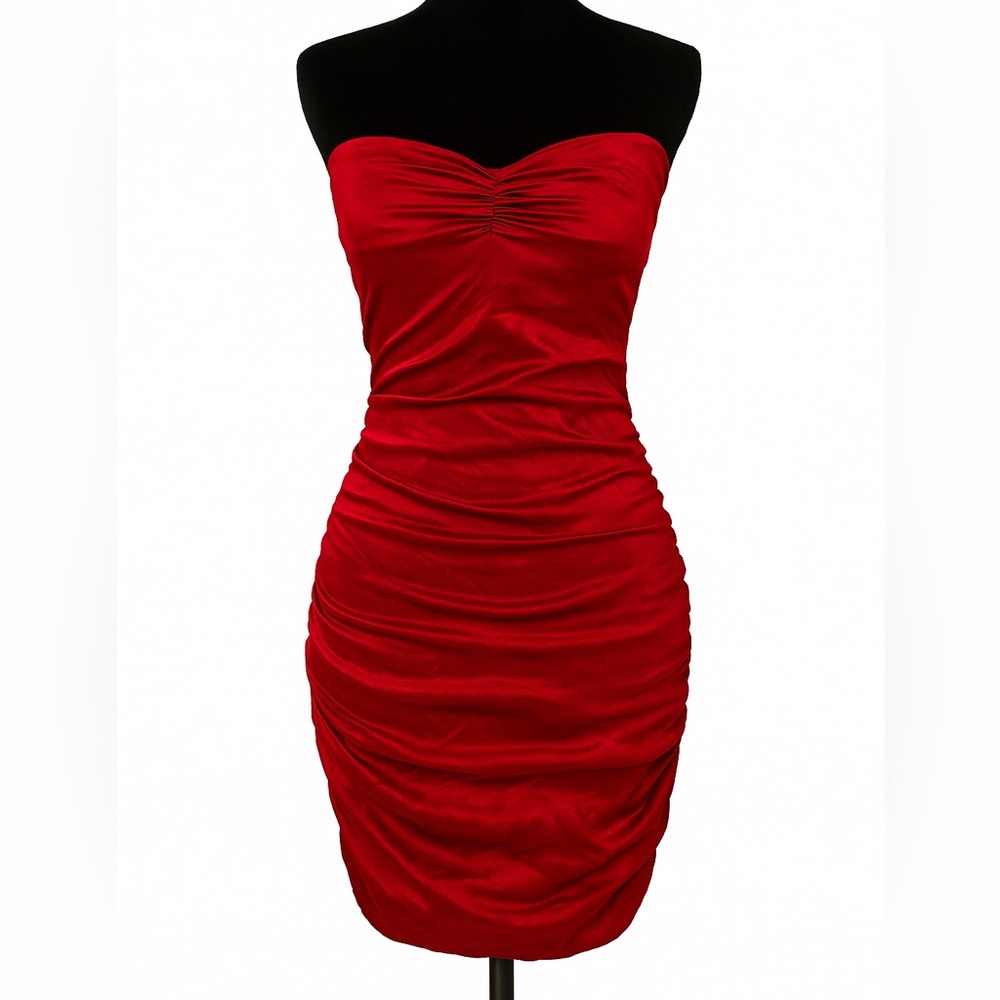 Express Red Silk Ruched Strapless Cocktail Dress